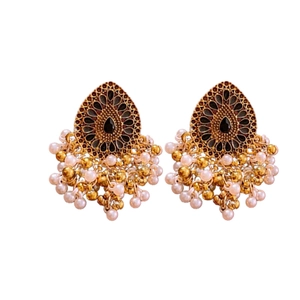 Vintage fan-shaped gold earrings with dangling pearl tassels and rhinestones