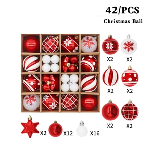 Detail of 42-piece Christmas ball set with red and white painted ornaments and stars