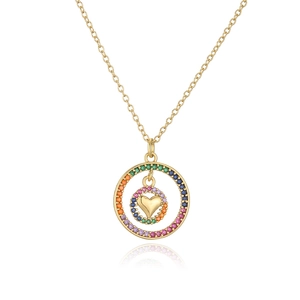 Detail of 18K gold heart necklace featuring rainbow stones and polished center charm