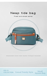 Detail of teal nylon crossbody bag featuring adjustable woven strap and metal logo plate