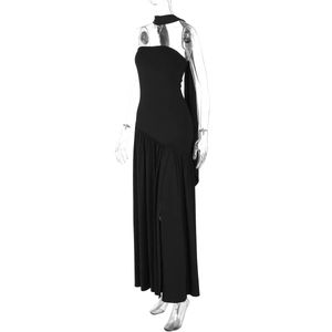 Detail of elegant black strapless dress featuring neck tie and draped ruched pleats