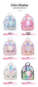 Color display of shiny unicorn backpacks for girls in blue, purple, pink and white