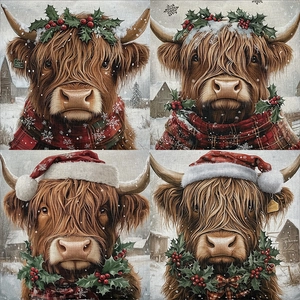 Housse de coussin vache Highland avec quatre illustrations festives de Noël à la ferme