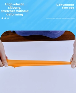 Macro view of highly elastic orange silicone travel bottle sleeve stretching up to 4 times