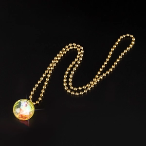 Glow disco ball pendant necklace with golden bead chain on a sleek black background