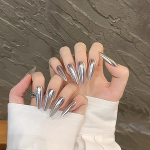 Silver Mirror Metallic Press On Nails Long Stiletto Chrome Finish Tech Style Artificial False Nails