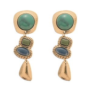 Boucles d'oreilles vintage géométriques en résine dorée avec pierres vertes et bleues