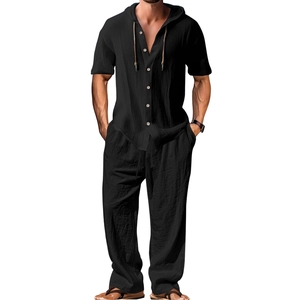 Men's casual black cotton linen set featuring a short sleeve hooded shirt and loose pants