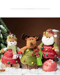 Plush Christmas figurines set featuring Santa, Reindeer, and Snowman on snow base