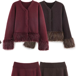 Vêtements En Tricot Pour Femmes Cardigan Et Jupe Midi Bordure En Fausse Fourrure Manches Longues Col Rond