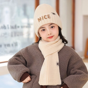 Kids winter knitted beanie and scarf set with NICE embroidery in cream white