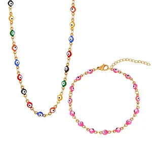 Colorful Enamel Evil Eye Necklace And Bracelet Titanium Steel Gold Plated Bohemian Trendy Jewelry For Women