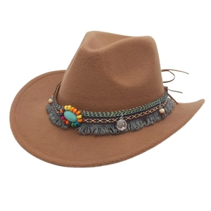Western Cowboy Hat Wool Felt Ethnic Bohemian Fedora With Faux Turquoise Tassel Beads Vintage Jazz Cap For Women Men