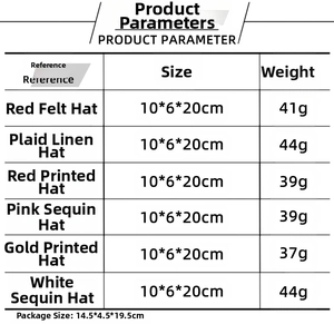 Size chart showing dimensions and weight for various Santa Claus doll ornament styles