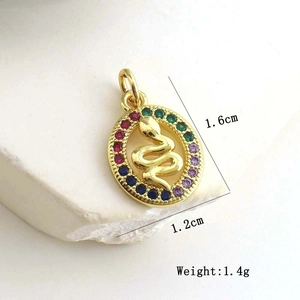 Macro shot of oval gold snake pendant with multi-color zircon stones and size dimensions