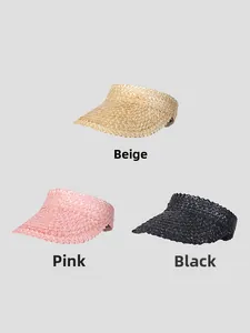 Handwoven wheat straw sun visors shown in beige, pink, and black colors for summer