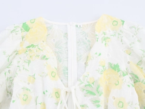 Detail of V-neckline with delicate floral embroidery, hollow-out lace, and tie closure