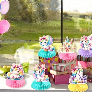Unicorn birthday honeycomb centerpieces with colorful bases for kids party table decor
