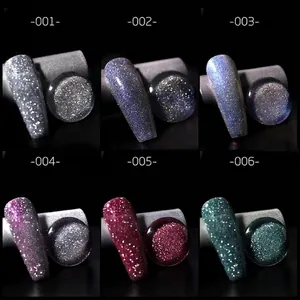 Six shades of sparkling glitter diamond nail polish gels displayed on tips and beads