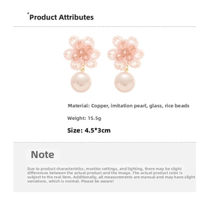 Detailed size and material guide for pink floral pearl earrings with silver needles