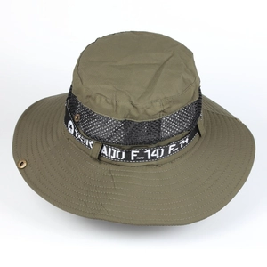 Detail of army green boonie hat featuring breathable mesh panels and side metal buckles