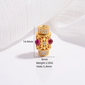S925 silver hollow gold flower bead with red ruby and white zircon stones