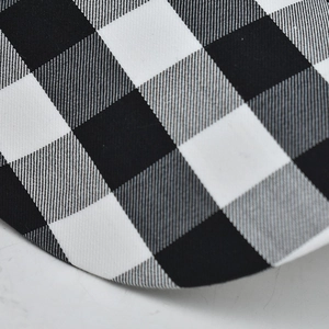 Detail of black and white gingham woven fabric and curved brim on the baseball cap
