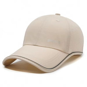 Breathable beige sports baseball cap with reflective stripes and mesh side panels