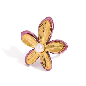Bague Fleur en Acier Inoxydable Plqué Or 18K Vintage Émail Violet Künstliche Perle Bague Ouverte Ajustable Bijoux Cadeau Femme