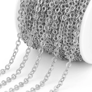 Detail of silver stainless steel embossed O-chain with diamond-cut texture on spool