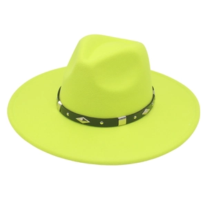 Detail of neon yellow fedora hat featuring a black leather band with metallic studs