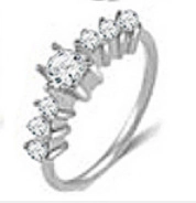 Detailopname van een zilveren ring met een ronde centrale steen en zijwaartse zetting