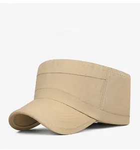 Side view of a khaki quick-dry cadet cap featuring durable stitching and flat top design