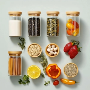 Set of glass food storage jars with bamboo lids for kitchen snacks and dry goods