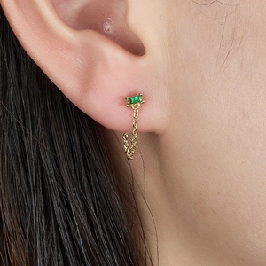 Elegant S925 silver gold-plated tassel earrings with green zircon emerald gemstone