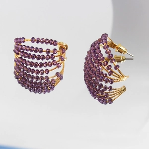 Handmade Beaded Purple Crystal C-Shaped Hoop Earrings For Women Gold Plated Brass With 925 Sterling Silver Post Elegant Jewelry