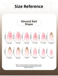 Size chart showing 12 sizes of almond-shaped press-on nails with gold stars and glitter