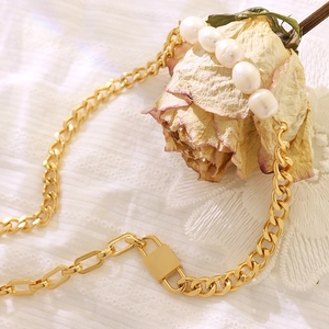 Chunky gold chain necklace with freshwater pearls and square lock charm pendant
