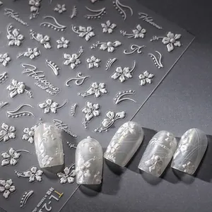 3D embossed white hibiscus flower nail art stickers with delicate pearl accents