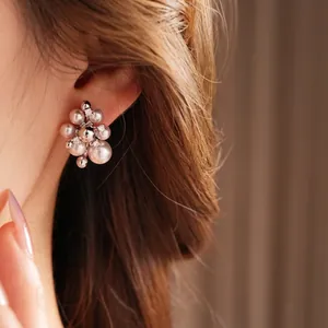 Elegant cluster pearl stud earrings with zircon accents and silver needle for women