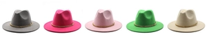 Elegant wide brim wool felt fedora hats in five vibrant colors with gold chain link.