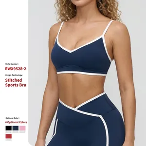 Women Contrast Color Double Straps Sports Bra V-Neck High Elasticity Nylon Spandex Yoga Running Workout Top
