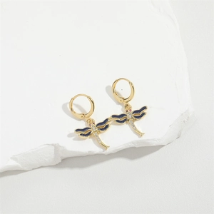 French vintage dragonfly drop earrings in gold with blue enamel and crystal accents