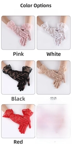 Detail of floral lace mesh sun protection gloves with elegant layered ruffle wrist design