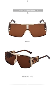 Detailed front and side views of steampunk gold frame sunglasses with brown lenses