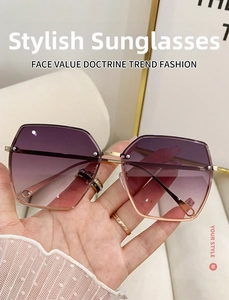Macro detail of rimless oversized gradient lenses with sleek golden metal temples