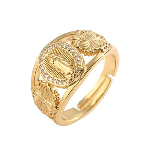 Adjustable gold open ring with Virgin Mary icon, floral relief, and zircon accents