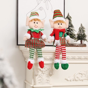 Christmas long-legged elf doll set for home decor on white fireplace mantel