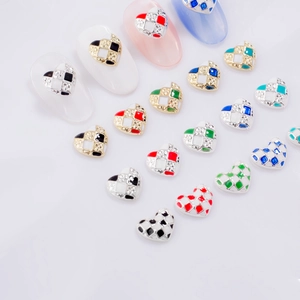 Y2K checkerboard heart nail charms set with rhinestones and alloy base in various colors