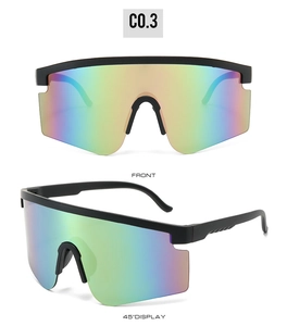 Front and 45-degree angle views of oversized shield cycling glasses with rainbow lenses